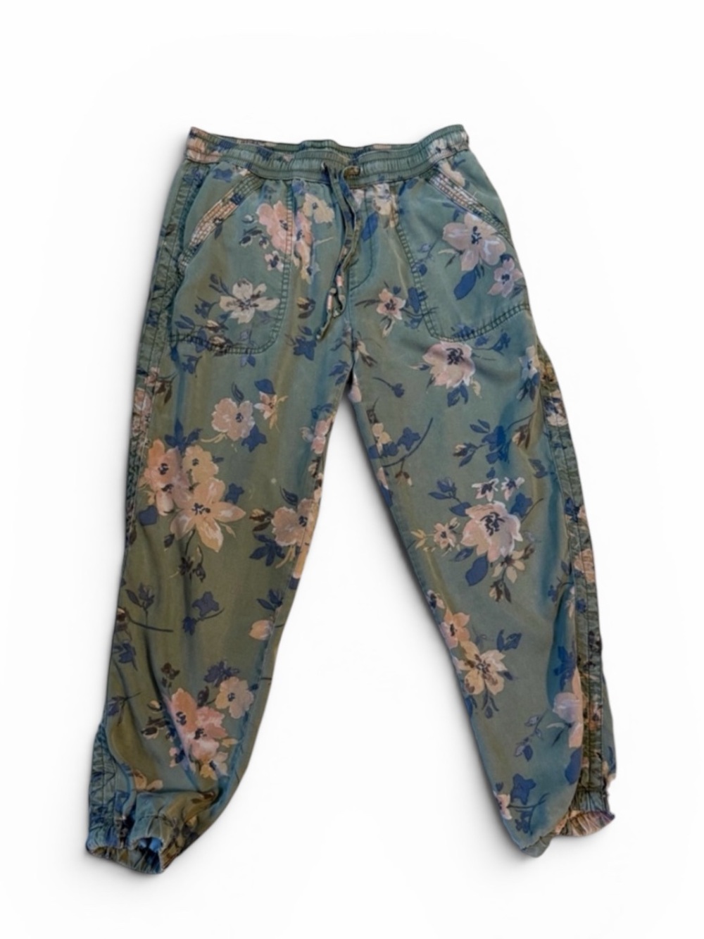 Anthropologie Petite Floral Print Green Lyocell Drawstring Elastic Waist Jogger…